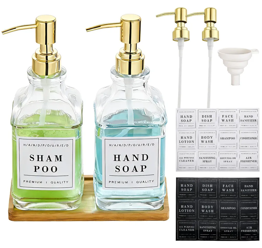 Lot de 2 Distributeurs de Savon 500ml en Verre et Pompe Inox Dorée