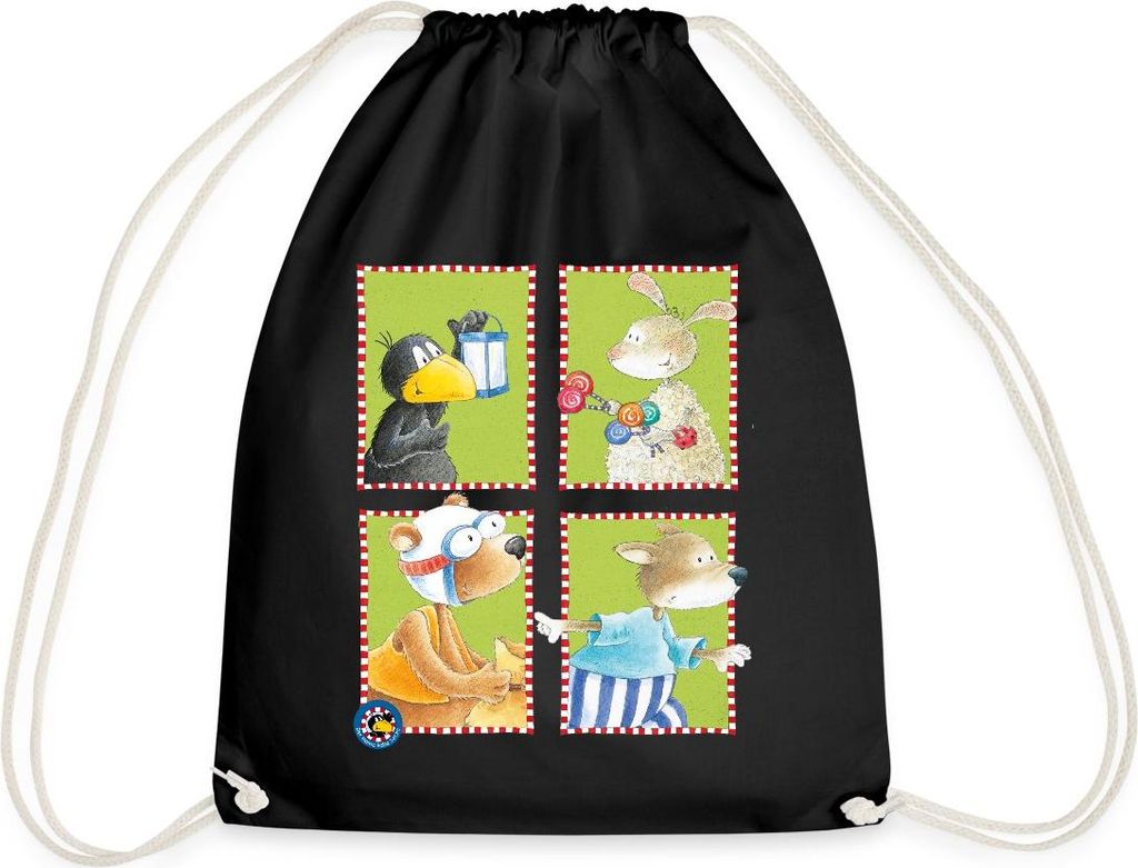 Spreadshirt Der kleine Rabe Socke mit Freunden Kachel Turnbeutel, One size, Schwarz