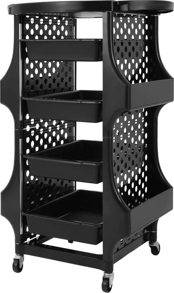 Friseurwagen - Rollwagen - 5 Ebenen - PP & Aluminium - 4 Seitenkörbe - Mit Rollen - 52×44×79 cm - Tragkraft 30 kg - Schwarz