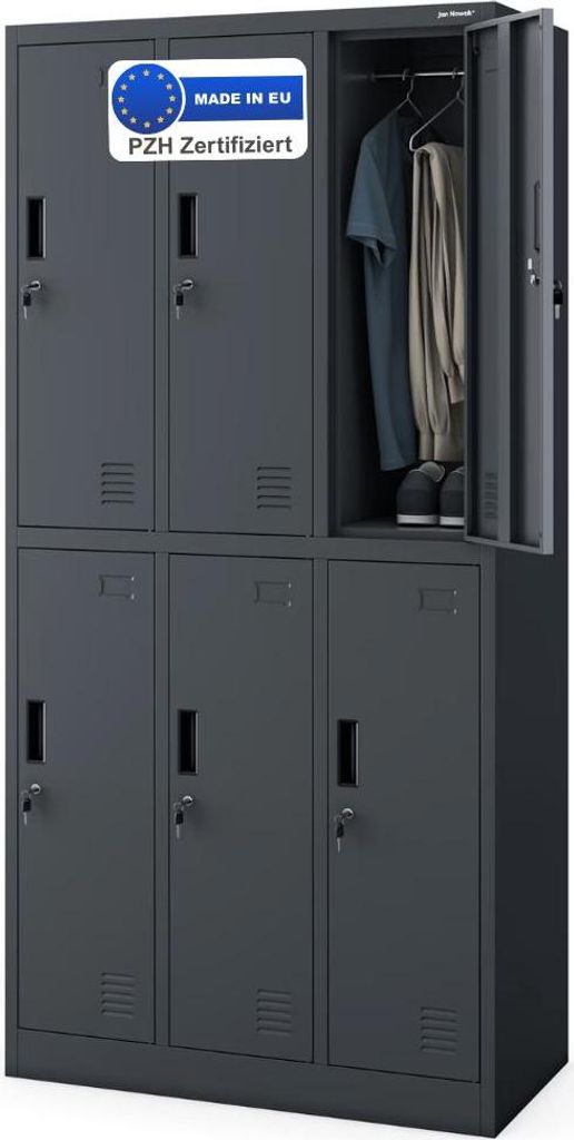Umkleideschrank Spind TOKIO - 6 Abteile, Etikettenhalter Lüftungsschlitze | Umkleidespind Schließfachschrank Garderobenspind, 185x90x45cm Anthrazit