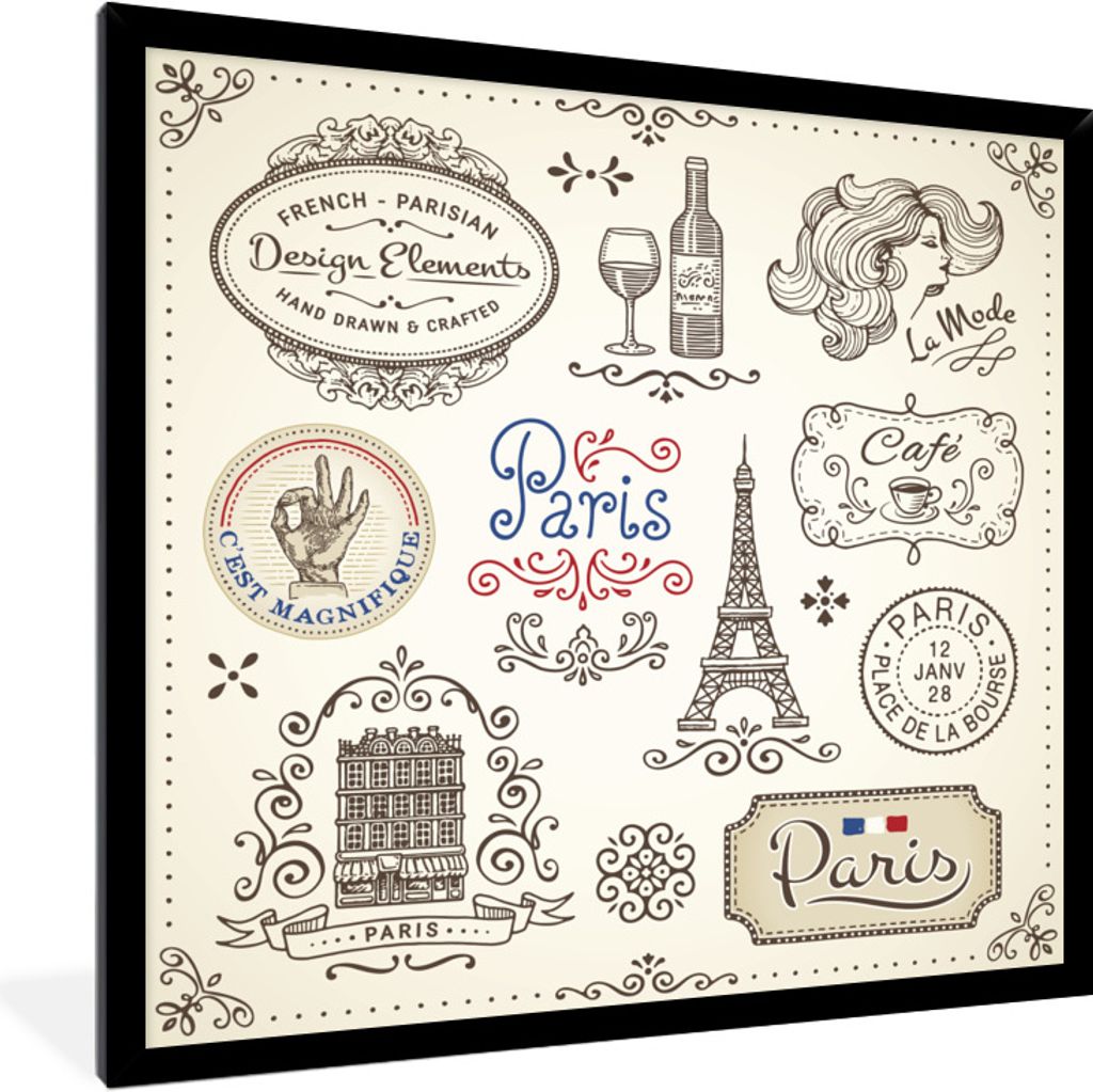 MuchoWow Gerahmtes Poster Paris - Zeichnung - Wein 40x40 cm - Poster mit Schwarzem Bilderrahmen Wandposter Rahmen Foto Bilder - Mit Rahmen - Wand...