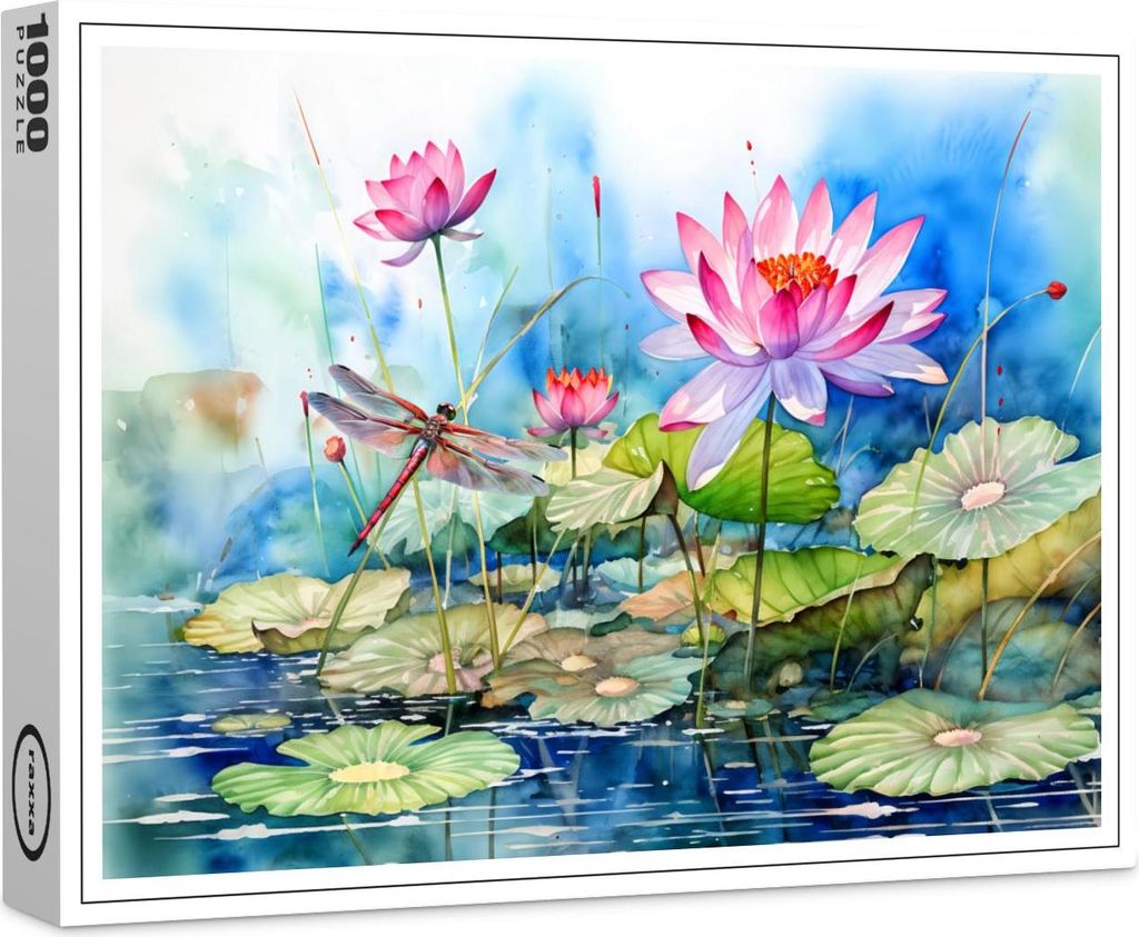 raxxa Premium-Puzzle "Dragonfly flying through pink water lilies", 1000 Teile