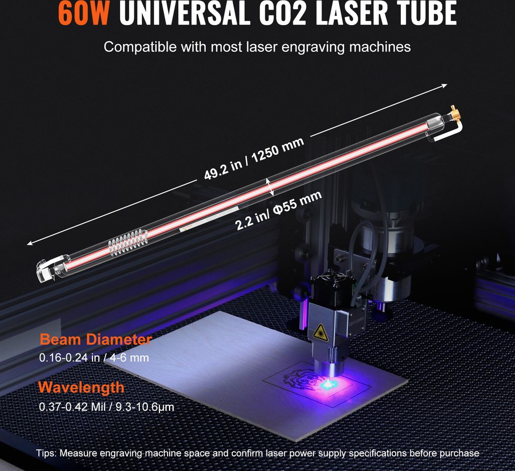 Tuba laserowa CO2 VEVOR 60 W, długość 1250 mm, średnica 55 Zdjęcie produktu 3