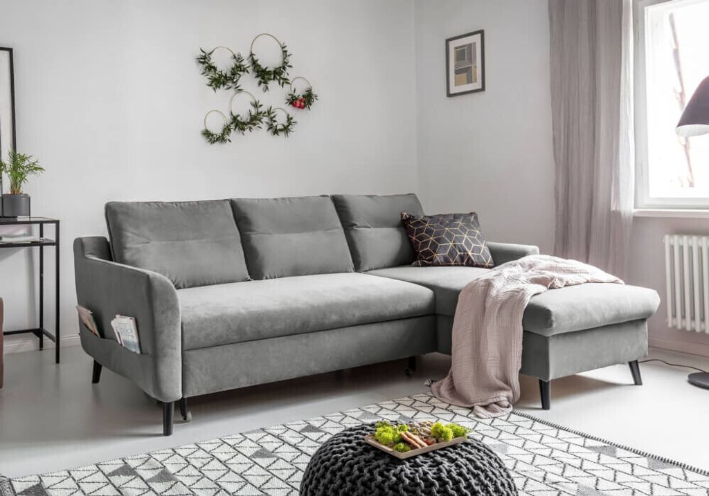 MIUFORM Stylish Stan Velours - Ecksofa mit Bettfunktion - 224x148cm - Grau - L-Form Rechts - Schlafsofa Couch