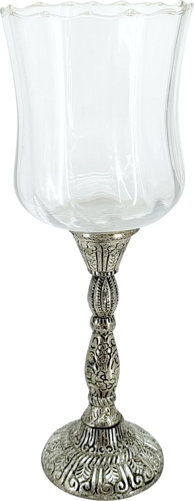 Glas Windlicht auf Metall Standfuß silber schwarz 10 x 29cm Kerzenständer Teelichtglas Kerzenhalter