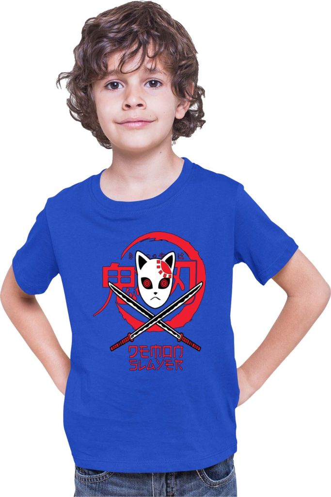 Kinder T-Shirt Demon Anime Slayer Kimetsu No Yaiba Mask 001, 7-8 Jahr - 128 / Blau