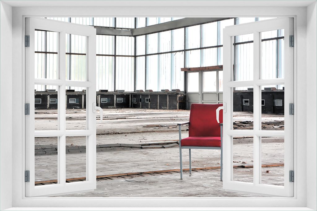Wallario Wandbild aus Acryl, 60 x 90 cm, freischwebende Optik - Stille und Leere - ein einsamer roter Stuhl in einer alten Halle mit Fenster-Illusion