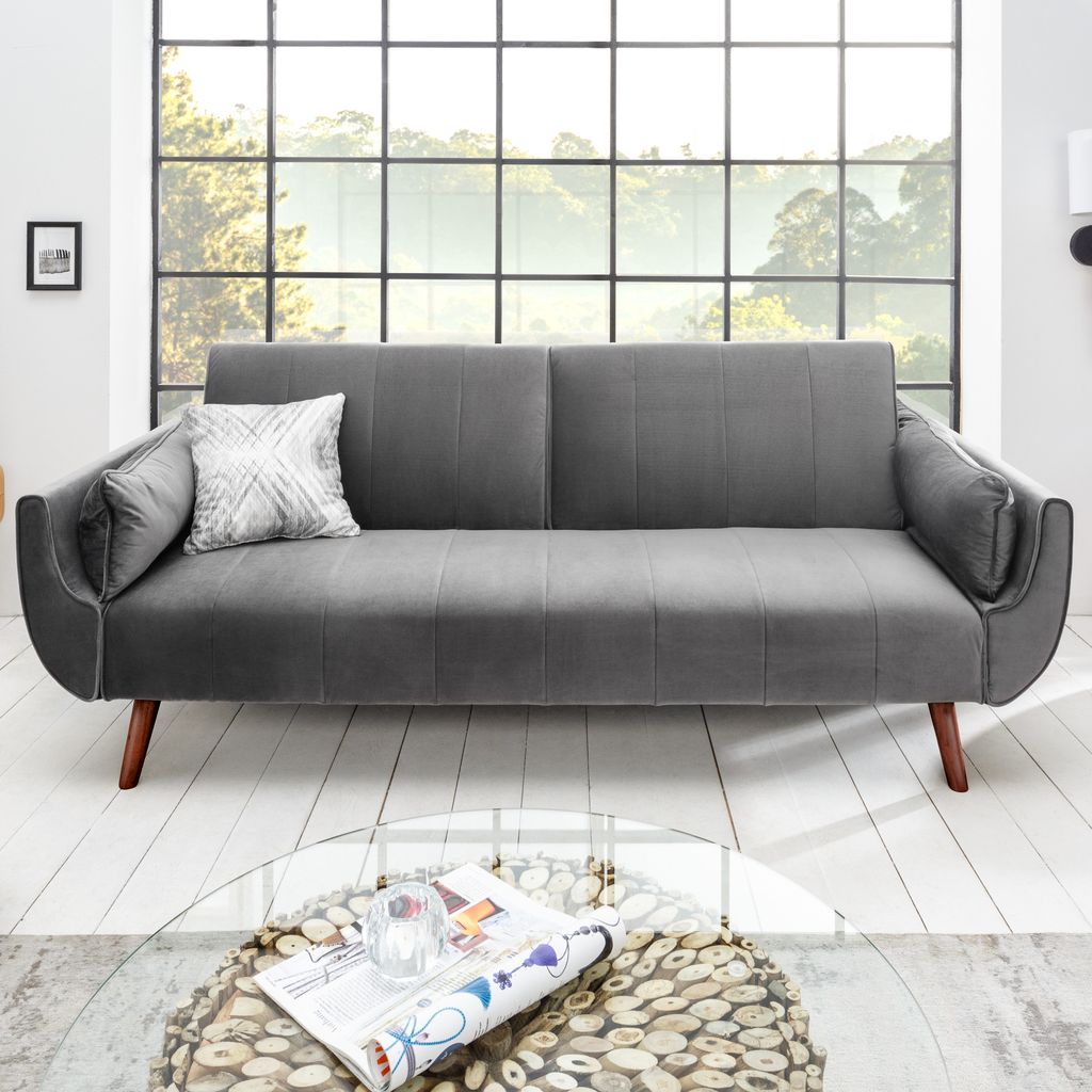 Retro Schlafsofa DIVANI 220cm silbergrau Samt 3er Sofa mit Produktbild 
