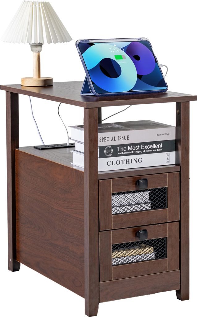 SucceBuy Schmaler Beistelltisch Bauernhaus – Nachttisch mit USB-Anschlüssen und Steckdosen, 4-stufiger Beistelltisch mit Aufbewahrungsschrank un...