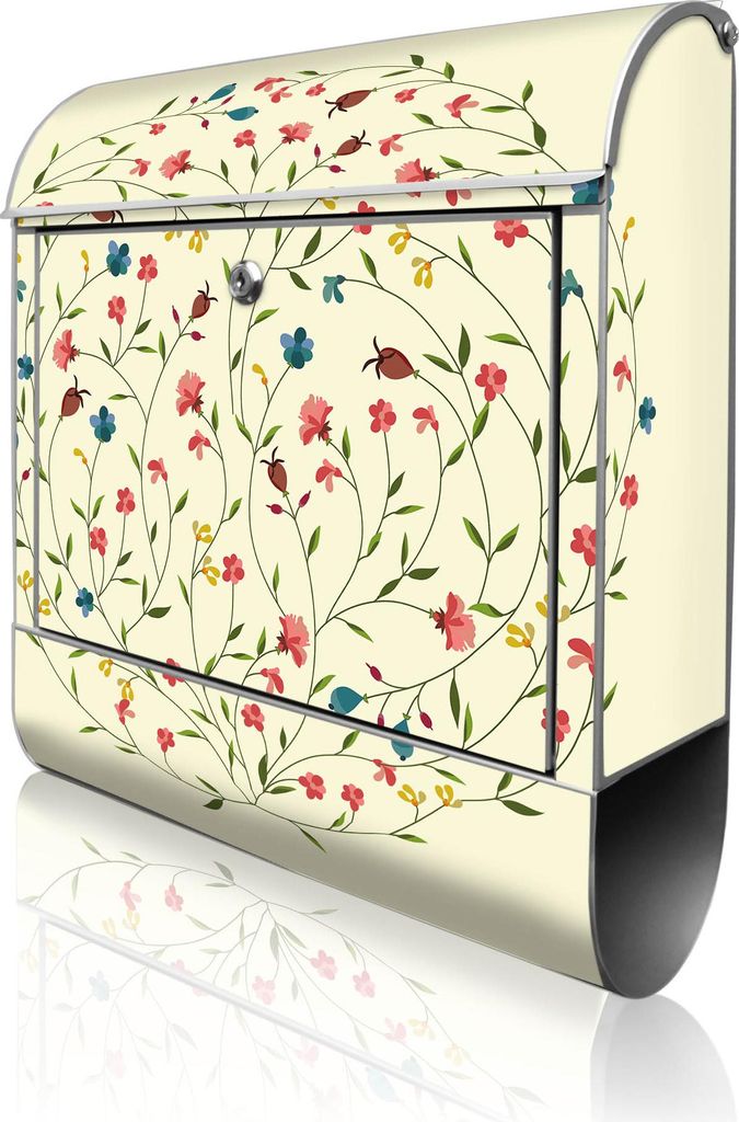 banjado Design Briefkasten Stahl silber mit Zeitungsfach pulverbeschichtet "Blumenreigen" 38x46x12,5cm & 2 Schlüssel - Postkasten A4 Einwurf inkl....