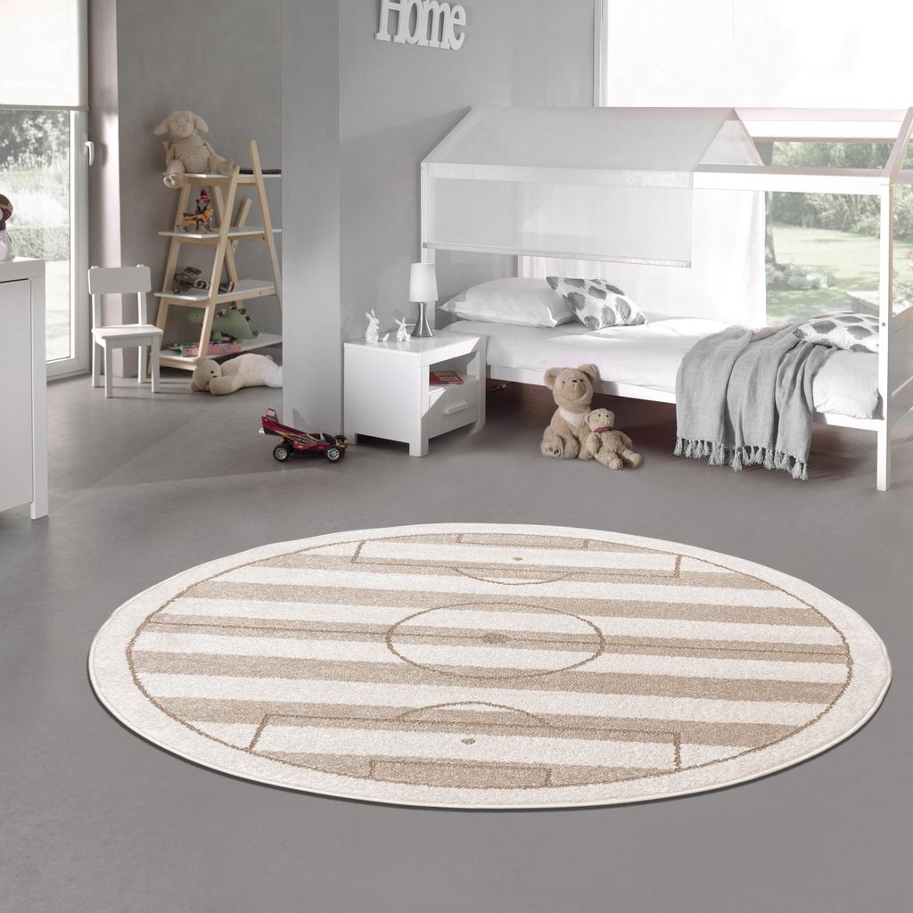 Kinderzimmerteppich weich robust gestreiftes Fussballfeld in creme beige Größe - 200 cm Rund
