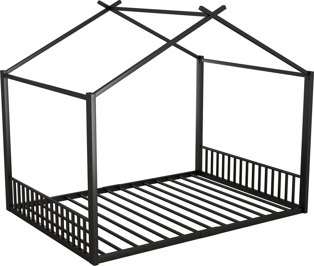 A black metal house-shaped bed frame with a slatted base and a slatted headboard and footboard, shown against a white background.