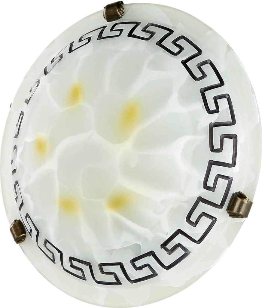A close-up, top-down view of a round, white ceiling light fixture with a decorative black Greek key pattern around the edge and bronze mounting hardware.