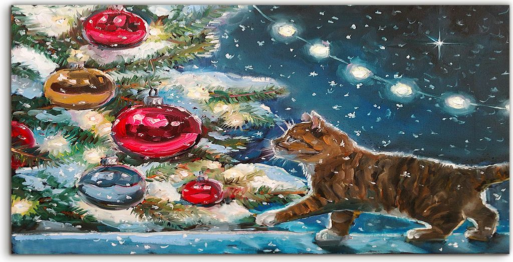 Coloray - Glasbild - 100x50 cm - Wandbild - Glasbilder - Kätzchen unter dem Weihnachtsbaum