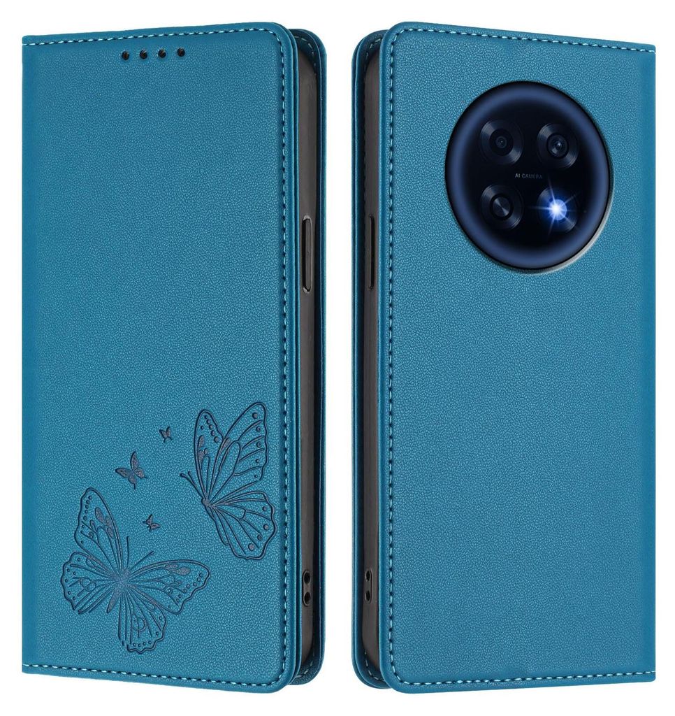 Lederhülle für Oppo A6 GT, Schmetterling Prägung Leder Brieftasche Schutzhülle mit Ständer Blau