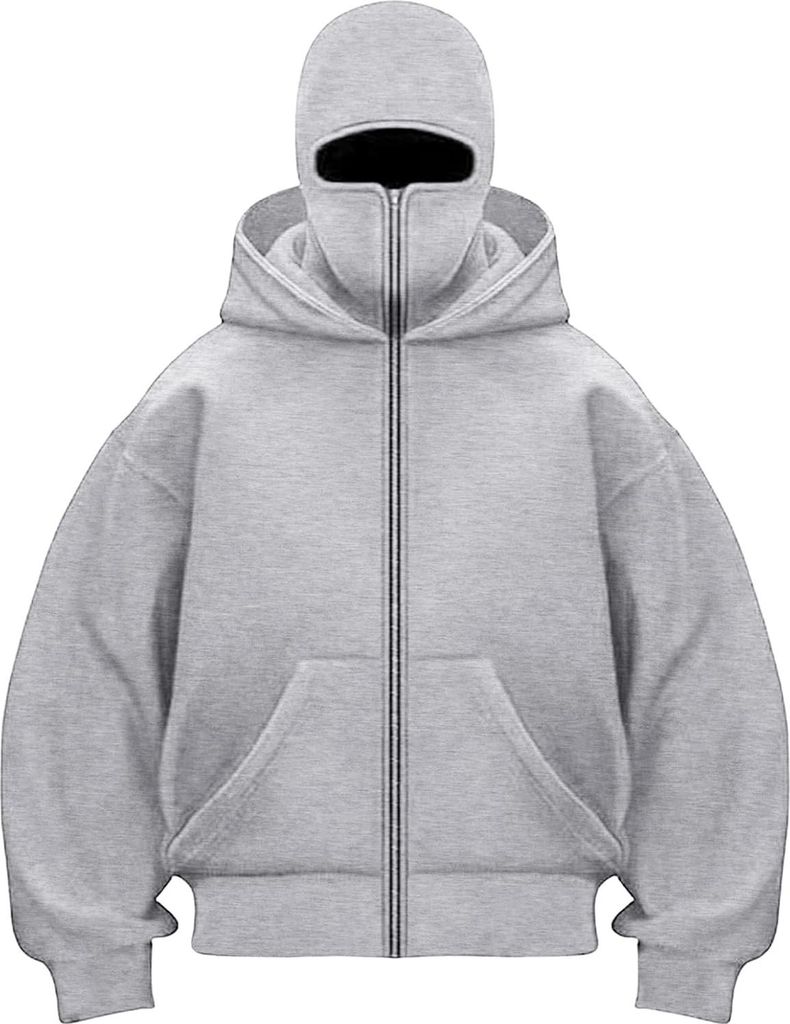 ASKSA Balaclava Zip Hoodie Herren Damen Einfarbig Kapuzenpullover Warm mit Sturmhaube Casual Hoodie Lockeres Sweatjacke,Grau,XXL