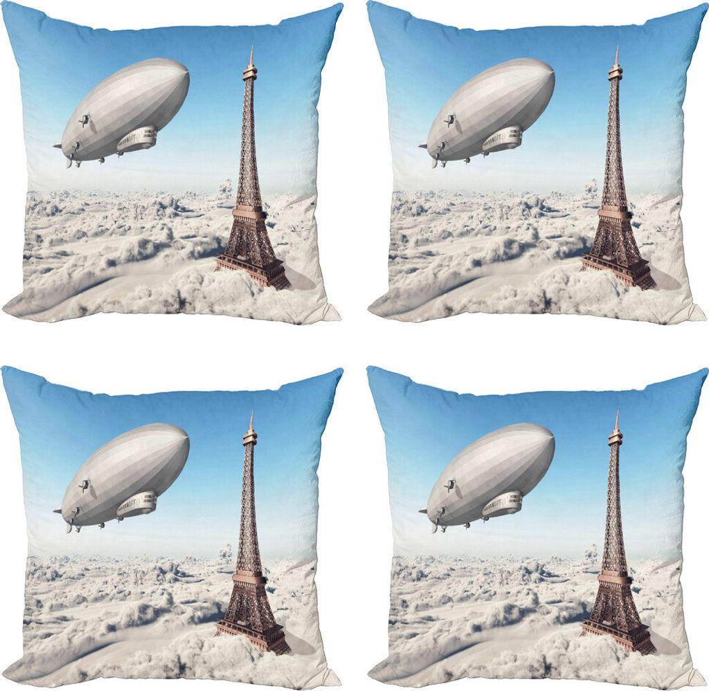 ABAKUHAUS Paris Kissenbezug Set (4 Stück), Französisch Paris Eiffelturm, Moderner Doppelseitiger Digitaldruck, 45 cm x 45 cm, Blau und Grau
