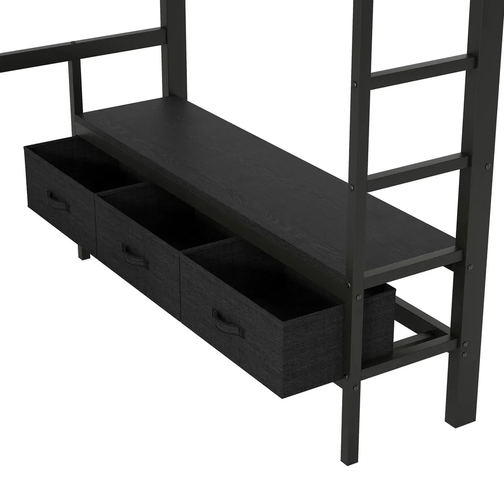 Lit superposé 140x200 avec LED et bureau, structure métal noir - 8
