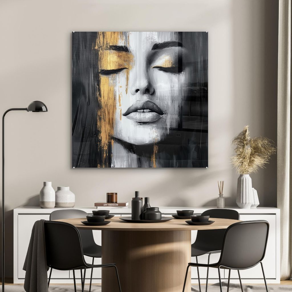 MuchoWow Glasbilder - Bilder auf Wandbild - Foto auf Glas Gesicht - Frau - Pinselstriche - Abstrakt 90x90 cm Wanddekoration aus Glas - Acrylglasbil...