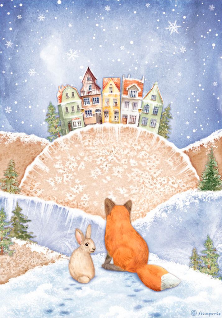 Stamperia Motiv Strohseide Winter Valley Fuchs Hase A4 28g/qm Bastelpapier