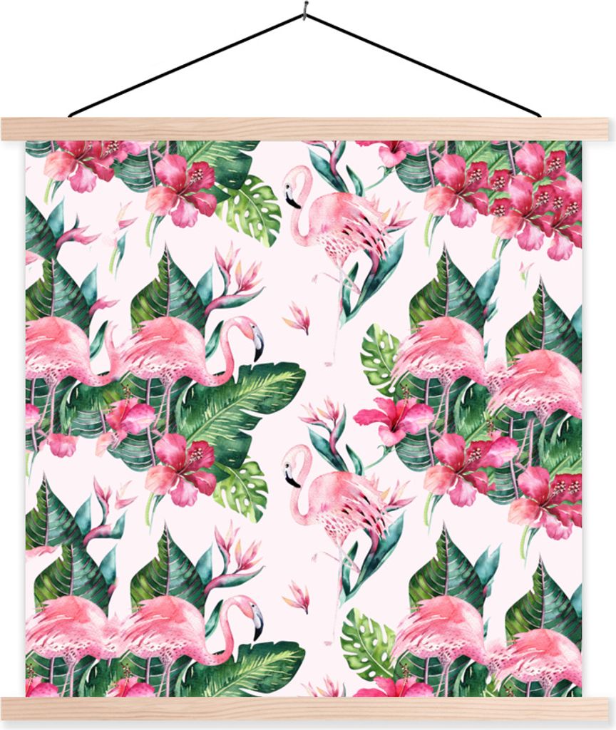 MuchoWow Textilposter Flamingo - Blumen - Blätter - Muster 40x40 cm mit holzfarbenen Rahmen - Posterleiste