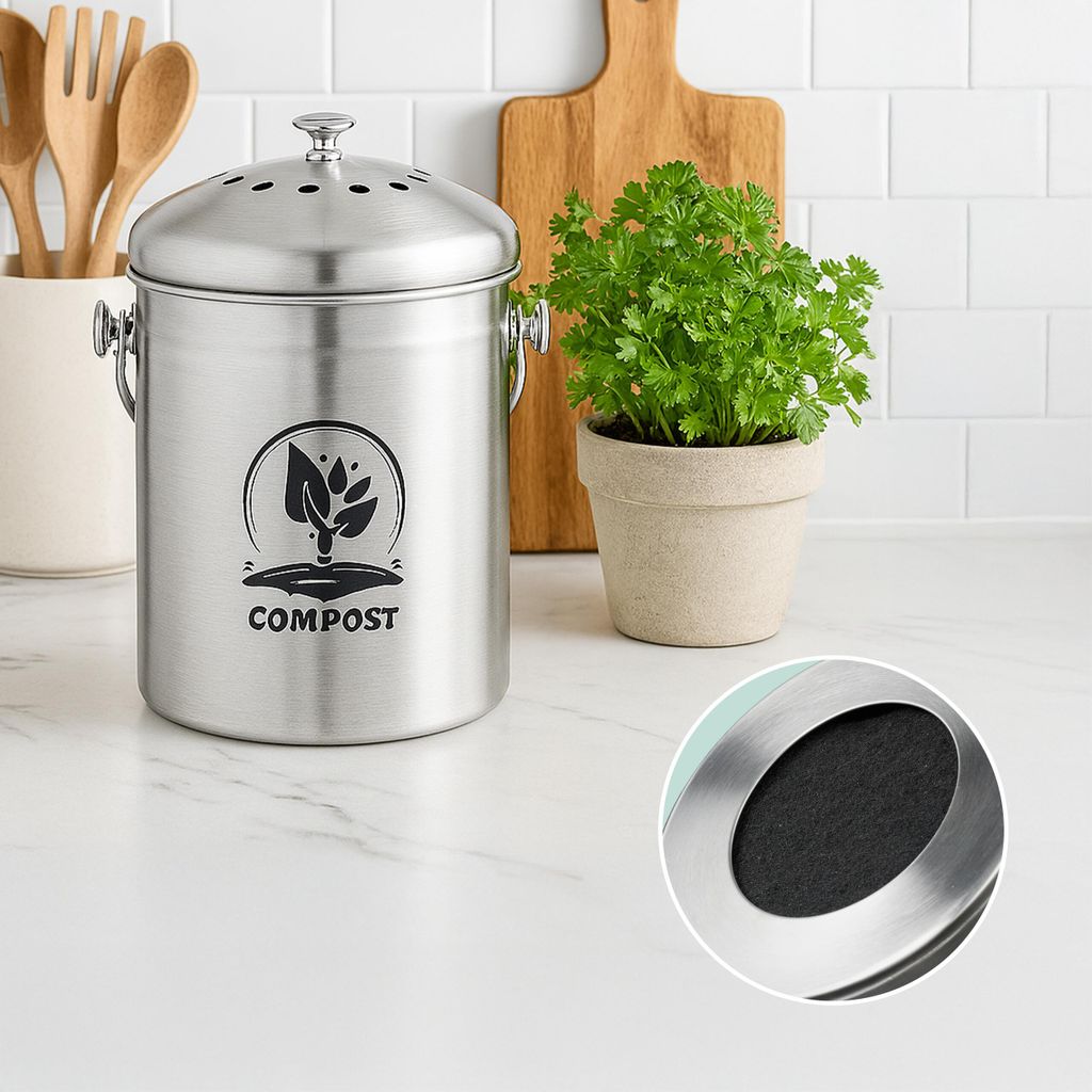 Komposteimer 5 Liter Für Die Küche - Edelstahl Mit Geruchsfilter, Silber