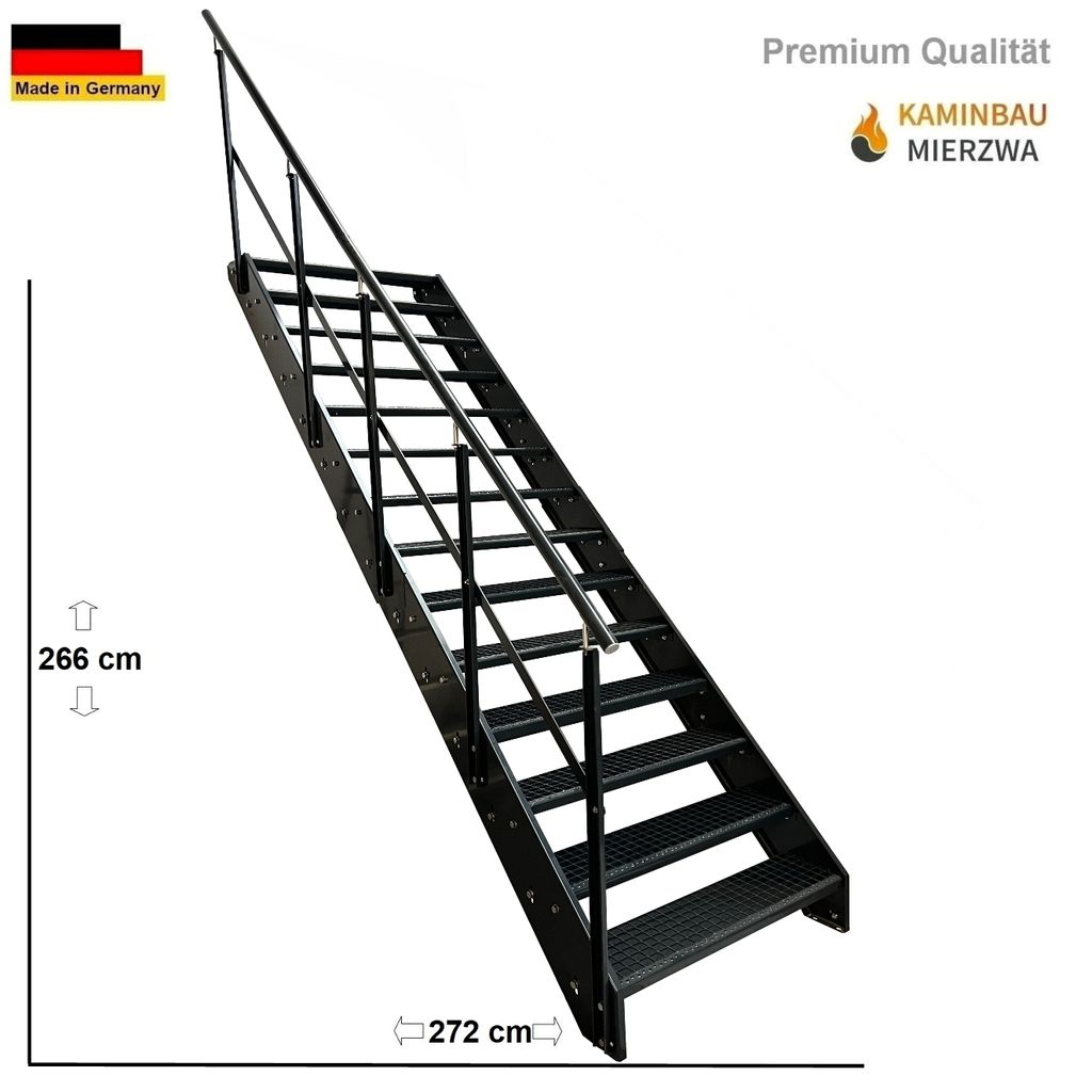 Stahl Wangentreppe Gitterroststufen 14 Stufen Geländer Links - Verzinkt & Anthrazit pulverlackiert - (B x H x T) 120 x 266 x 272 cm