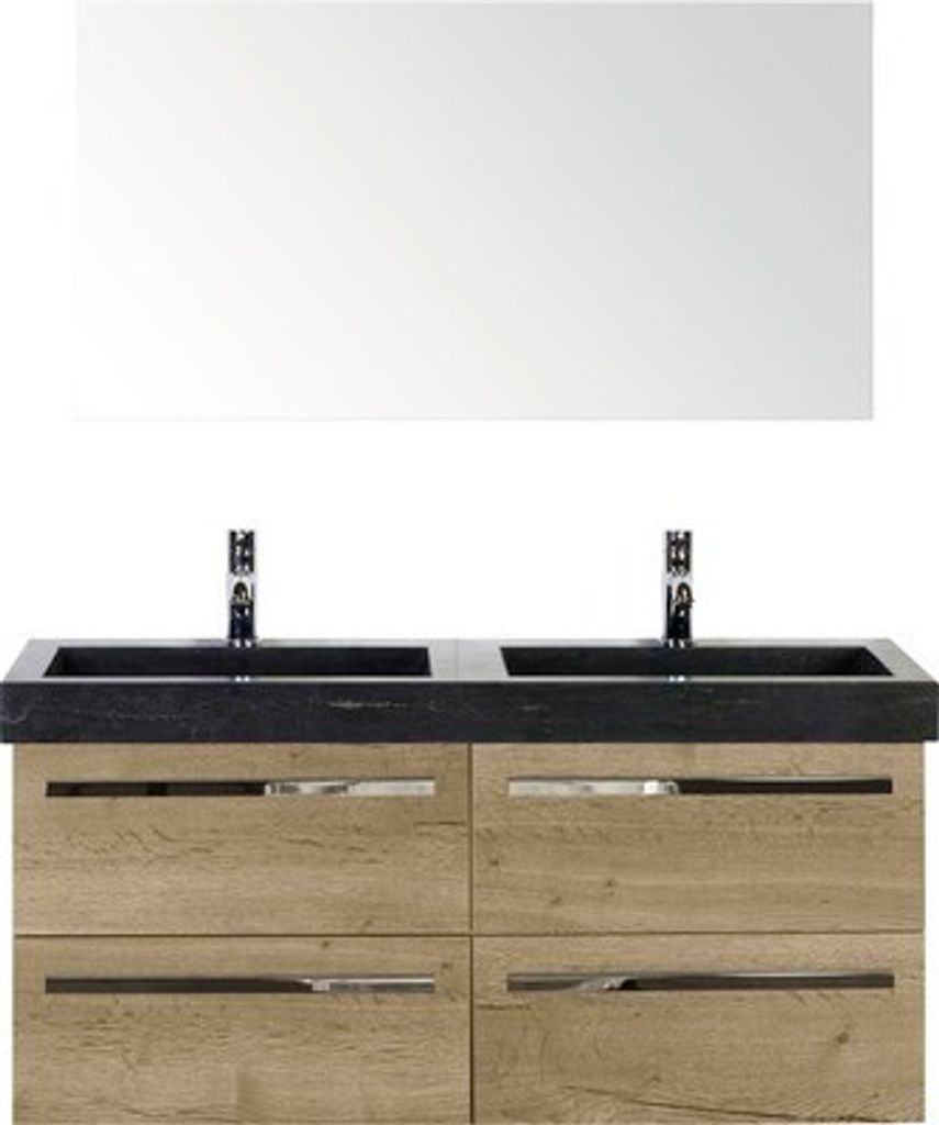 Badmöbel-Set Sanox Seville BxHxT 121 x 170 x 45,5 cm Frontfarbe eiche natur mit Waschtisch Naturstein schwarz und Naturs