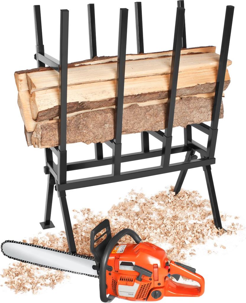 A log rack with firewood and a chainsaw on a pile of wood shavings.