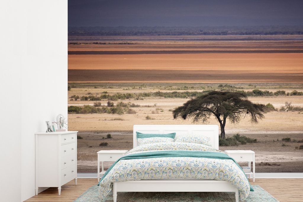 MuchoWow Fototapete für Wohnzimmer oder Schlafzimmer Wandtapete Vinyl Motivtapete Warme Farben der afrikanischen Steppe mit dem Akazienbaum - 41...