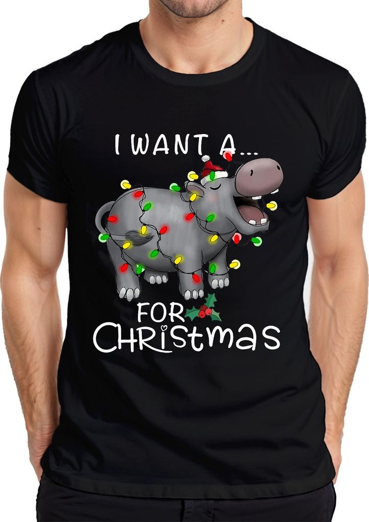 I Want A Hippo For Christmas Nilpferd Weihnachten Geschenk Lustig Herren T-Shirt, Schwarz, XXL