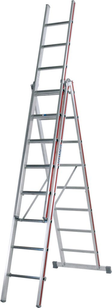 Hymer Allzweckleiter, dreiteilig, 3x10 Sprossen, senkr. Höhe 4,86 m, Reichhöhe 5,64 / 7,92 m, Gewicht 19,4 kg