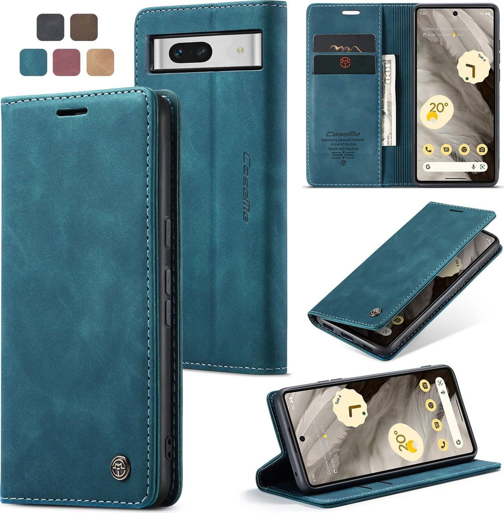 Caseme Handyhülle Leder Hülle Klapphülle Tasche Etui für Google Pixel 7a Dunkles Zyanblau