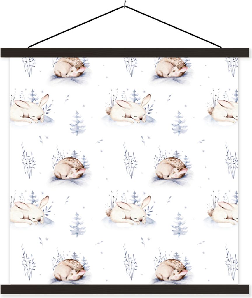 MuchoWow Textilposter Winter - Kaninchen - Hirsche 90x90 cm mit schwarzem Rahmen - Magnetisches