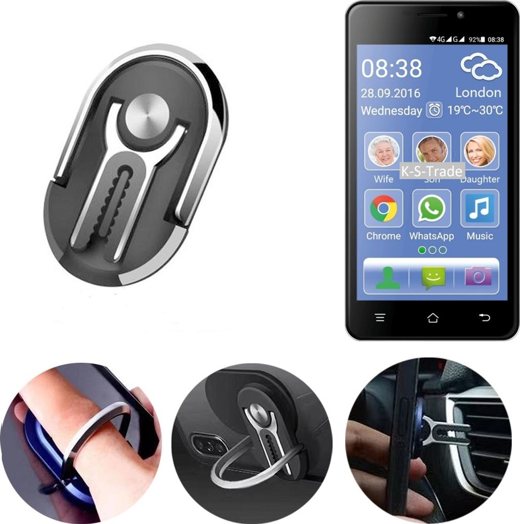 K-S-Trade 3in1 Smartphone-Ring Handy-Ring kompatibel mit Switel eSmart M2 Fingerhalterung Handyring Tischständer Lüftungsgitter-Halterung Tisch