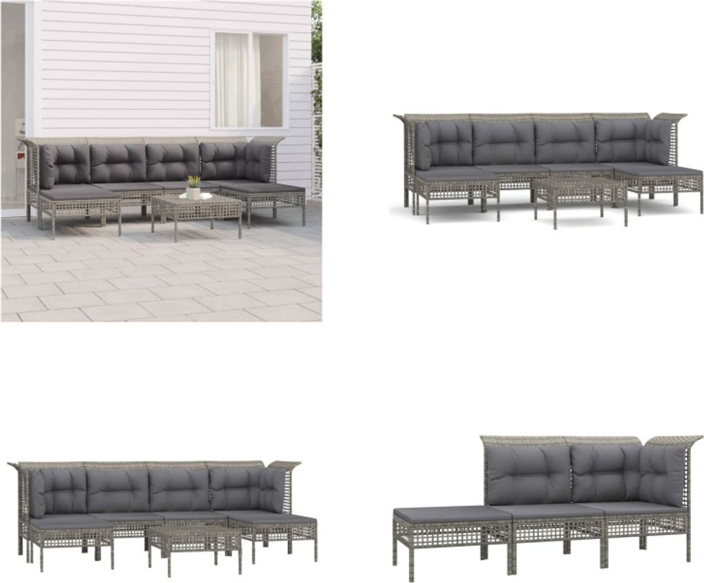 vidaXL 7 tlg. Garten Lounge Set mit Kissen Grau Poly Rattan - Garten Lounge Set - Garten Lounge Sets - Lounge Set - Gartenmöbel
