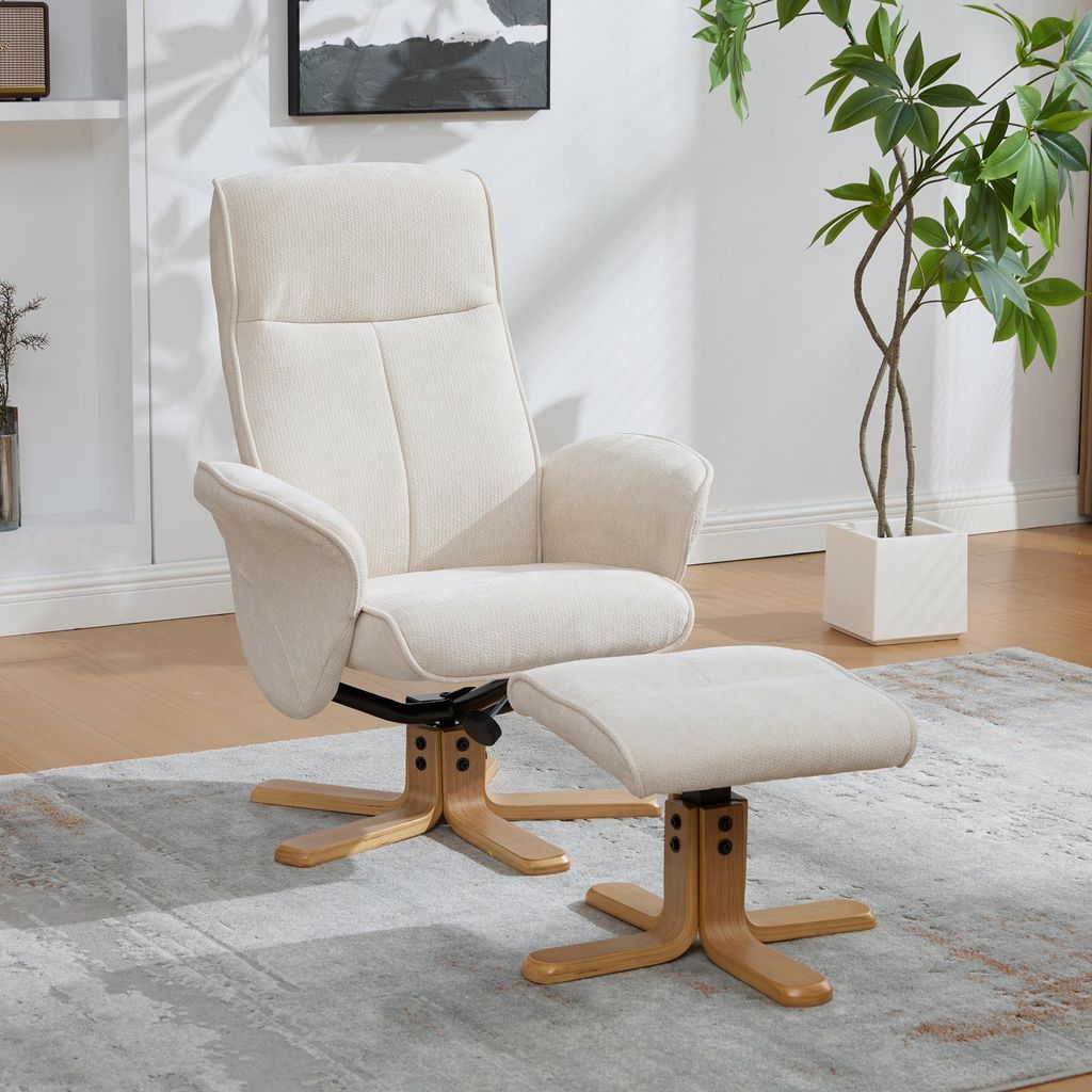 okwish multifunktionaler Drehsessel Relaxsessel mit Hocker und Armlehnen moderner Lesesessel Massivholzsockel mit Metallstütze Chenille-Stoff Geei...