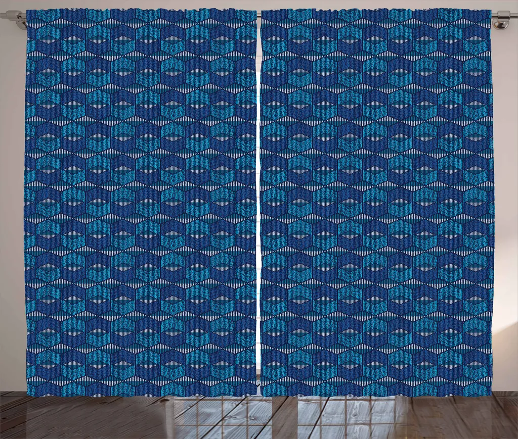 ABAKUHAUS Tenda rustica Ikat, linee chevron messicane vintage, tenda con passanti e ganci per camera da letto, 280 x 175 cm, blu scuro e azzurro