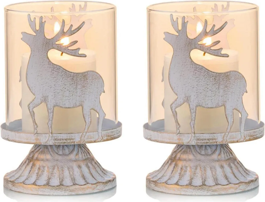Lot de 2 Bougeoirs Noël Cerf Blanc en Métal 8cm pour Décoration de Table