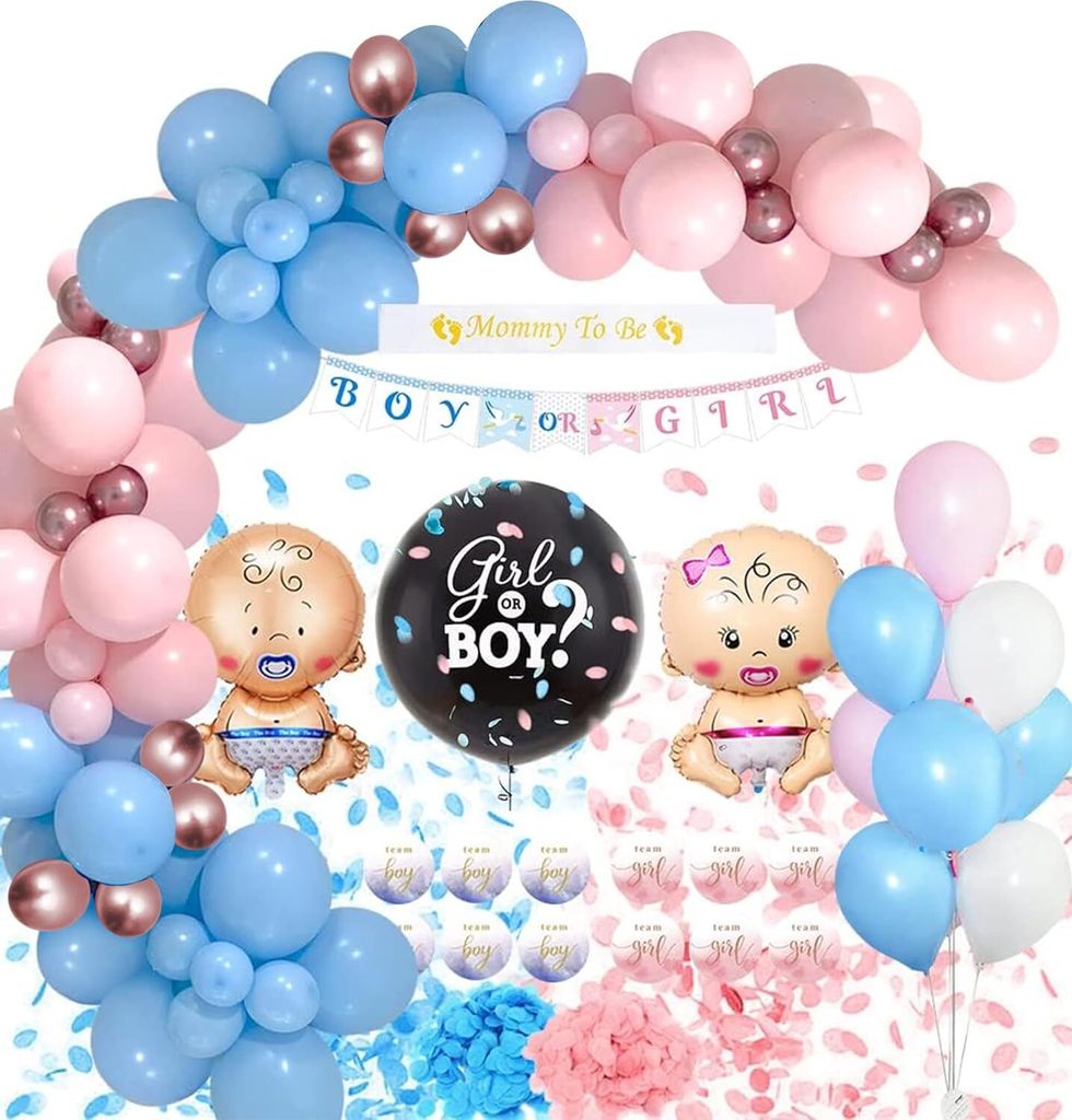 Aufblasbares Gender Reveal Party Deko Set für Babyparty & Baby Shower, Boy or Girl Dekoration rosa blau mit Konfetti