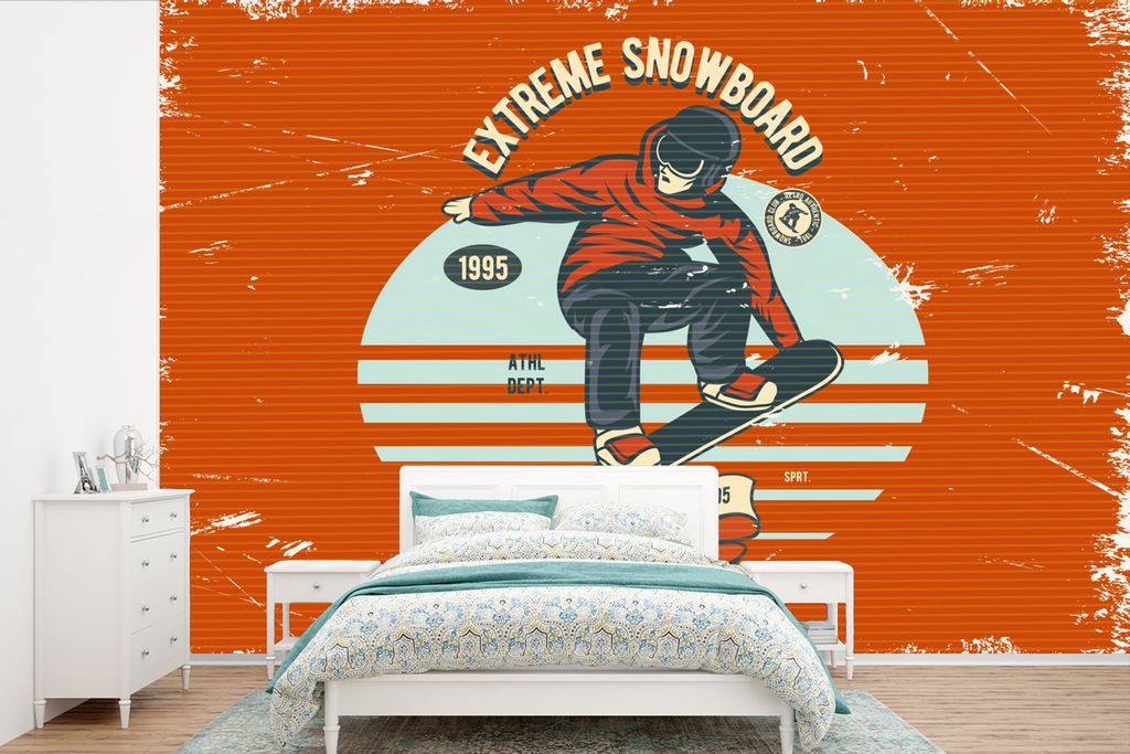 MuchoWow Fototapete für Wohnzimmer oder Schlafzimmer Wandtapete Vinyl Motivtapete Snowboard - Mann - Zitat - Vintage - 450x300 cm - Gemusterte