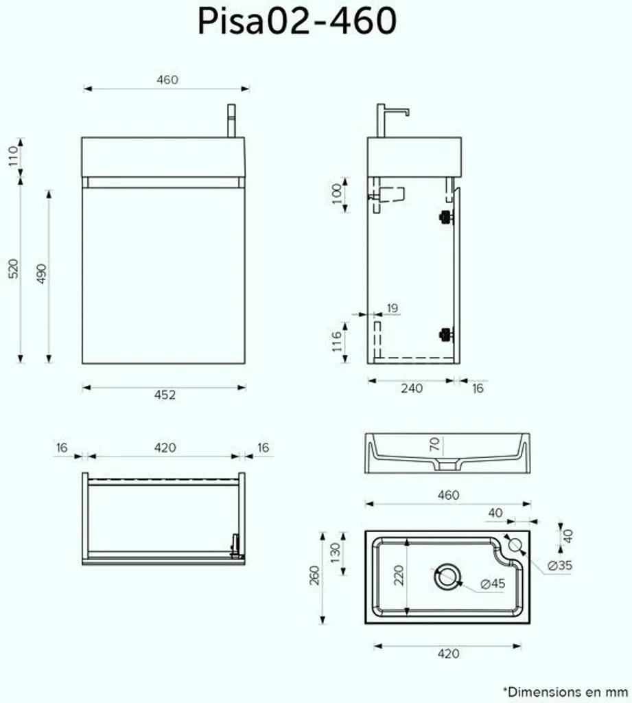 Ensemble Meuble Lave-mains 46cm avec Vasque Solid Surface et Miroir LED