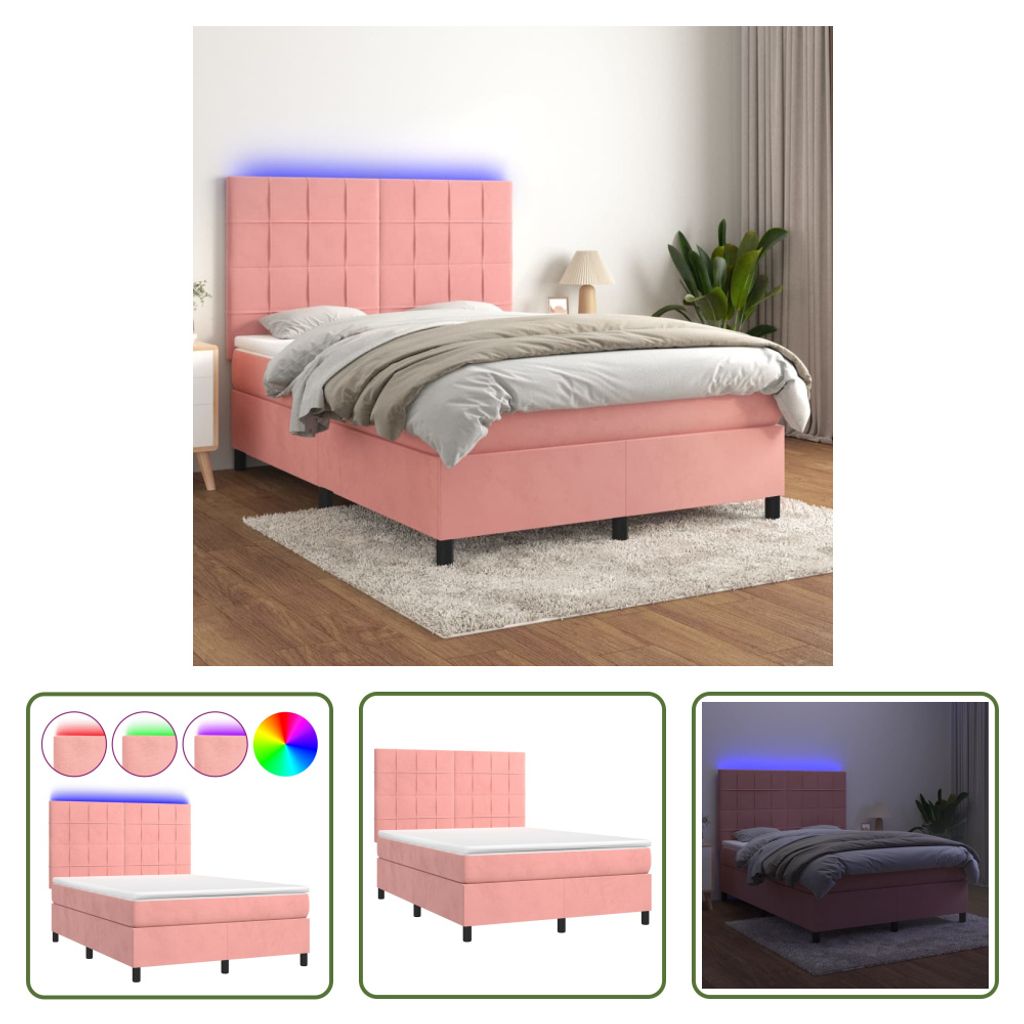 The Living Store Boxspringbett mit Matratze & LED Rosa 140x190 cm Samt