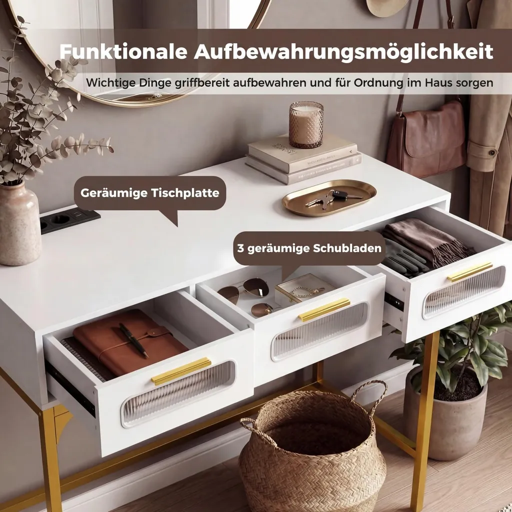 Table console COSTWAY blanche et dorée avec éclairage LED et 3 tiroirs