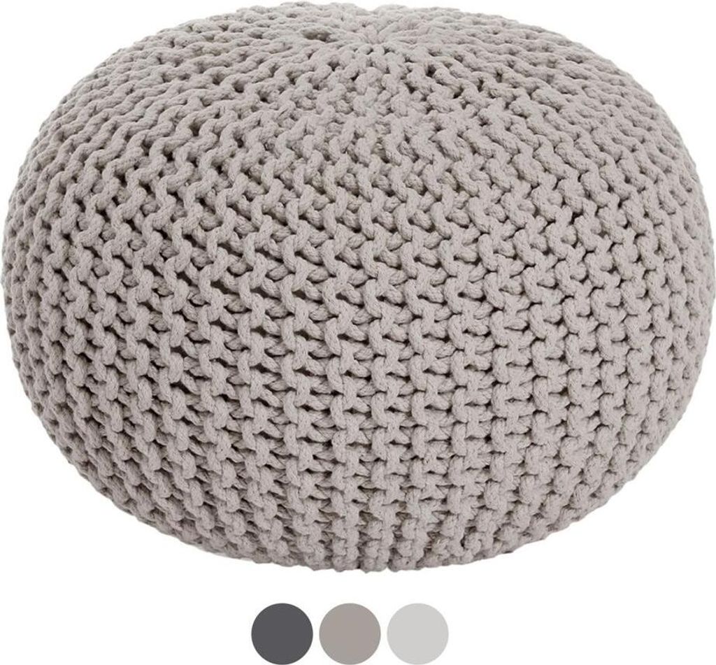 Strickhocker Pouf Sitzpouf in Grobstrick-Optik Ø 45 x H 30 cm, Farbe hellgrau
