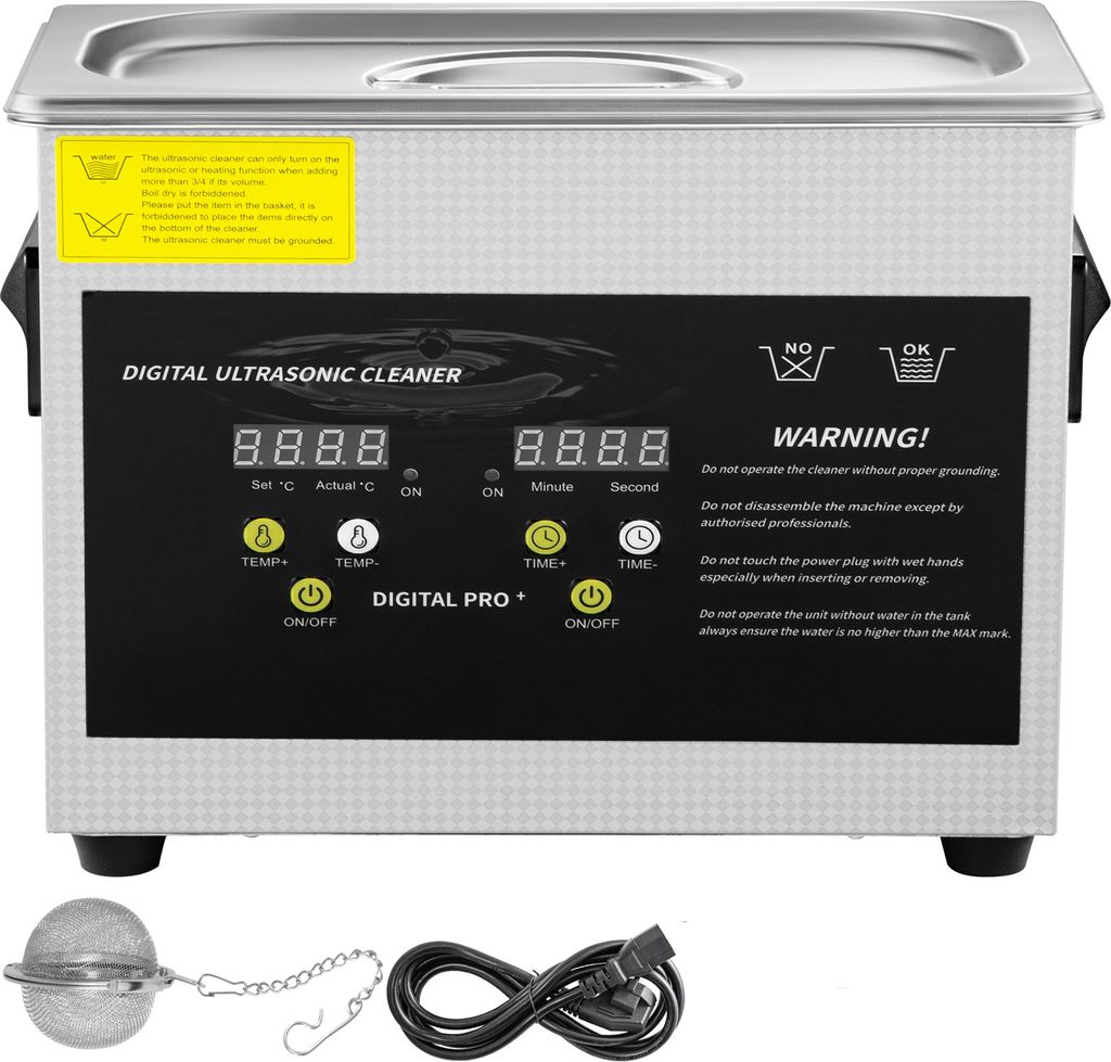 A digital ultrasonic cleaner with its accessories.