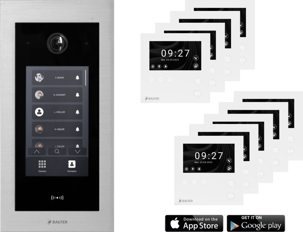 BALTER EVO HD MINI Touch Silber Video Türsprechanlage Set bis 1000 Teilnehmer 9x 4,3" WLAN Monitor