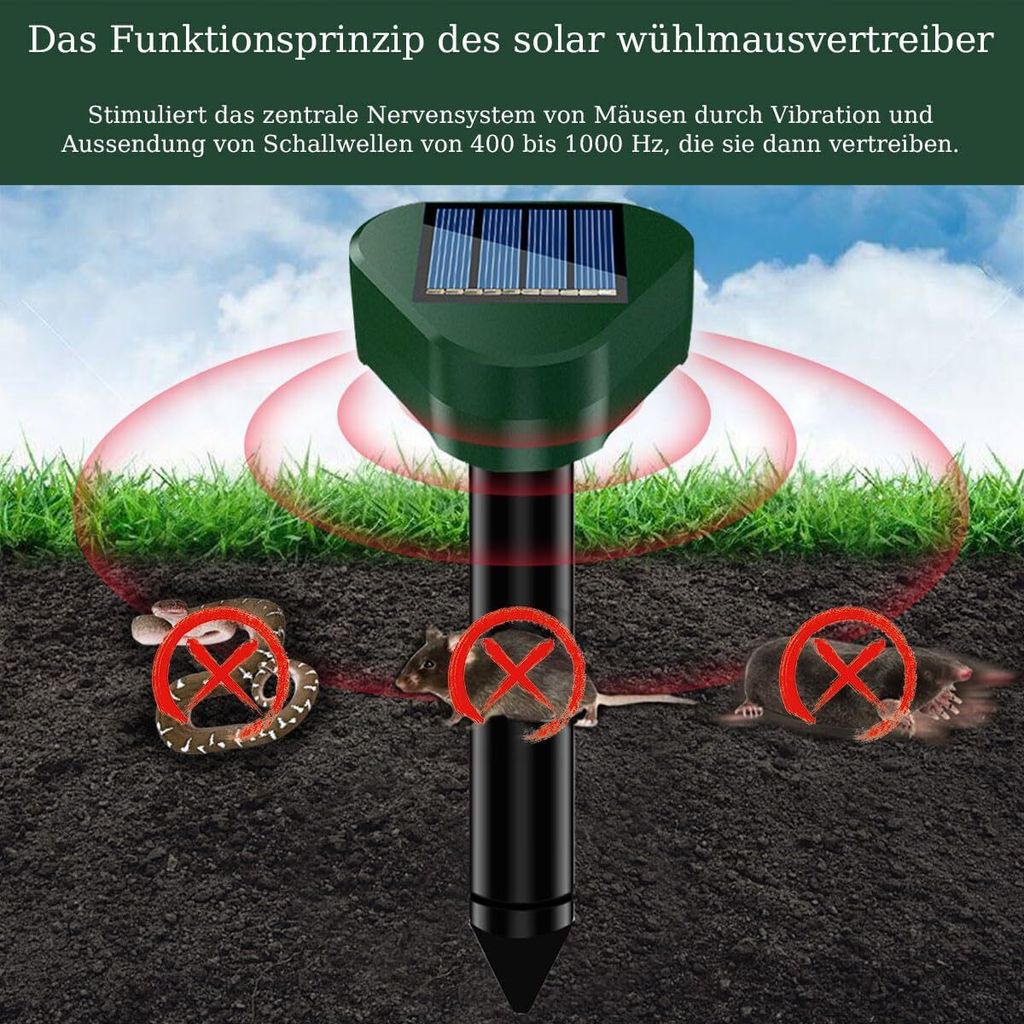 Maulwurfschreck Solar – 4er Set Für Garten, Wiese & Beete | Ultraschall-Vertreiber Gegen Maulwürfe, Mäuse, Ratten, Schlangen Und Kaninchen