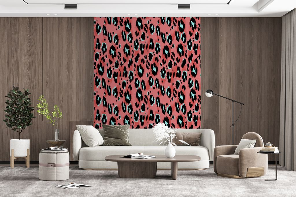 MuchoWow Fototapete für Wohnzimmer oder Schlafzimmer Wandtapete Vinyl Motivtapete Pantherdruck - Rosa - Blau - Muster - 175x240 cm - Schlafzimme...