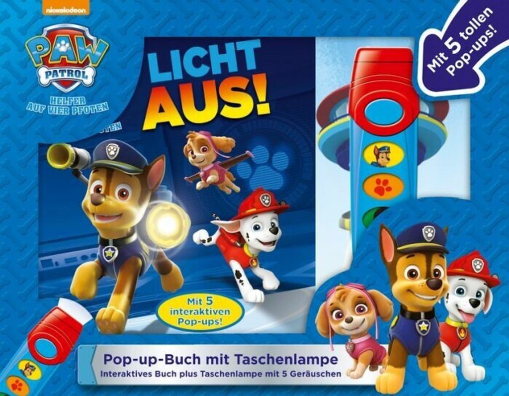 The cover of a Paw Patrol pop-up book with a flashlight.